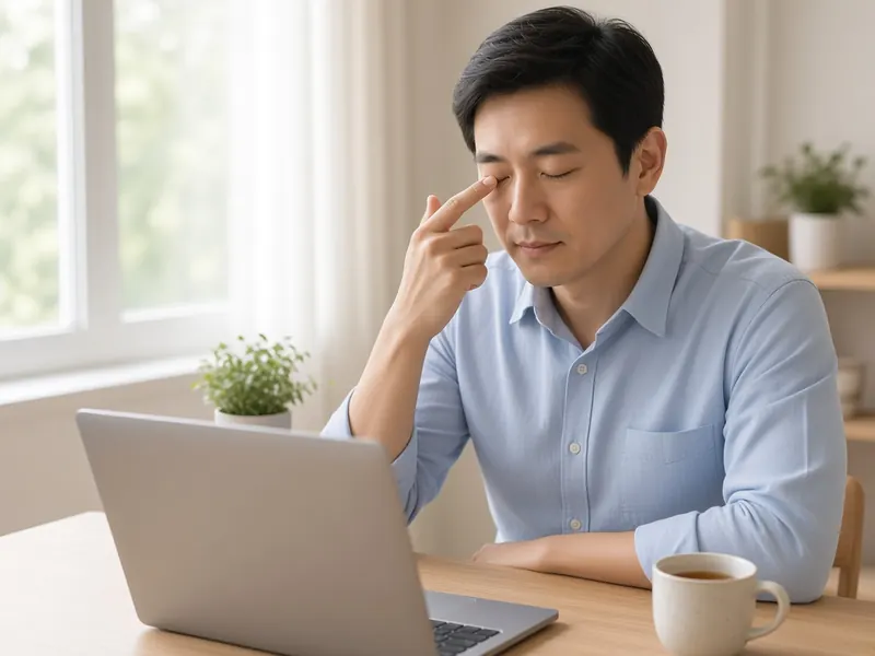 Homme assis à son bureau devant un ordinateur portable, les yeux fermés, un doigt posé doucement près de sa paupière