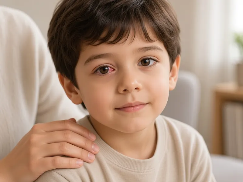 Jeune garçon avec un œil un peu rouge, la main d’un parent sur son épaule