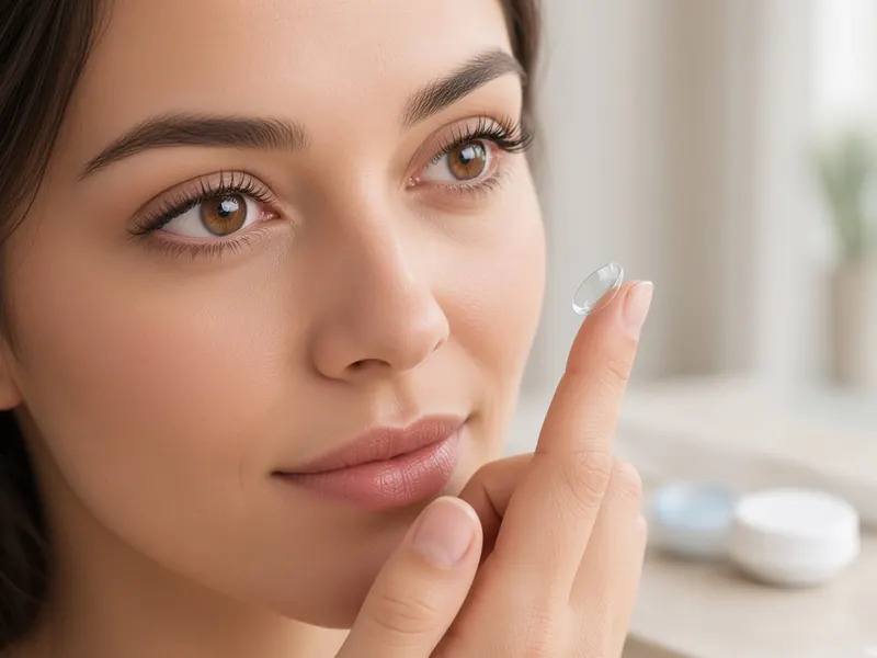 Femme qui regarde une lentille de contact posée sur le bout de son doigt