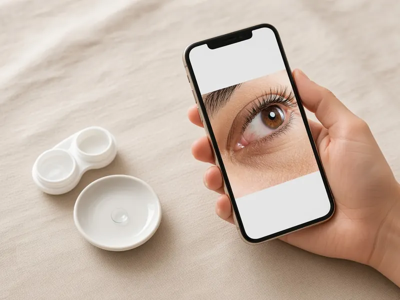 Main tenant un téléphone qui montre un œil en gros plan, à côté d’un étui à lentilles et d’une lentille de contact