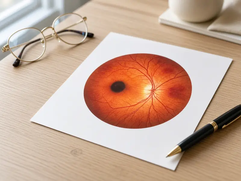 Photo du fond d’œil imprimée posée sur un bureau à côté de lunettes
